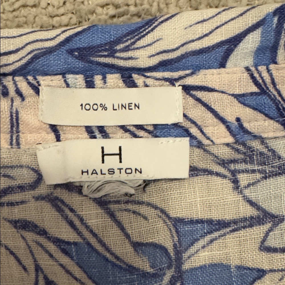 Halston 100% Linen Blue Floral Button Front Blouse Women’s Medium - Picture 2 of 4